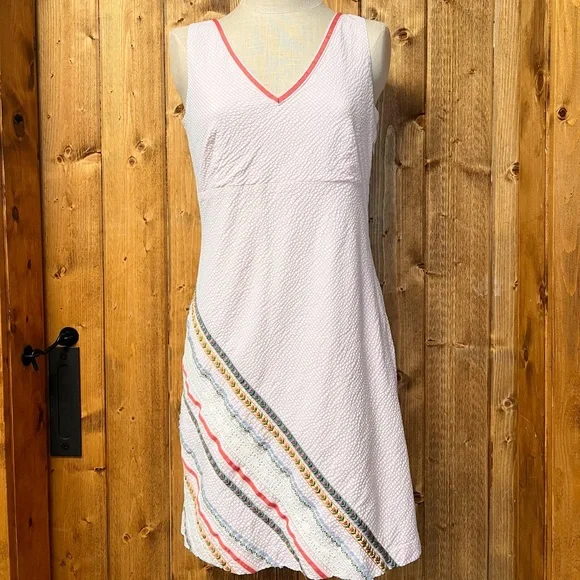 Garnet Hill 10 Pink White Seersucker Sleeveless Knee Length Dress - Picture 2 of 7